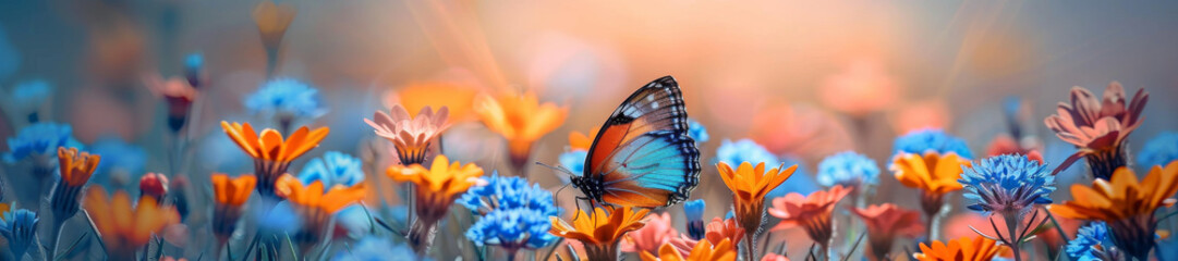 Fototapeta na wymiar Serene Butterfly on a Flower Meadow at Sunset