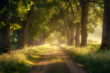Fototapeta premium Enchanting Sunlit Forest Path at Dawn with Vibrant Spring Foliage