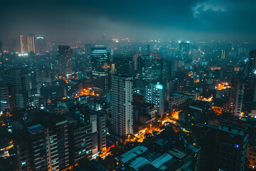 Fototapeta na wymiar Aerial view of a cityscape at night with illuminated streets and buildings, showcasing the urban glow against a dark, moody sky.