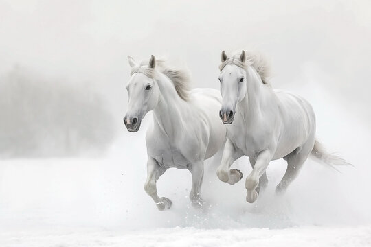 Two white horses galloping together on a snow-covered field on a background of a winter forest