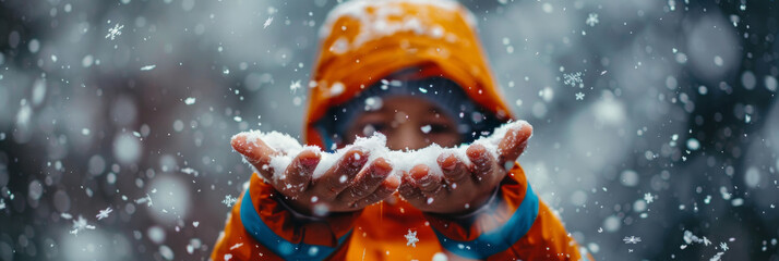 Child in Orange Jacket Enjoying Snowfall Wonder