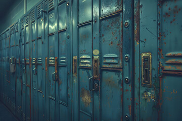 Vintage Blue School Lockers with Rust and Wear Marks