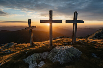 Sunset behind three rustic wooden crosses on mountain - obrazy, fototapety, plakaty