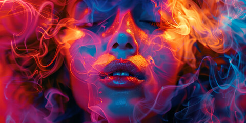 Surreal Woman Portrait with Vibrant Neon Smoke