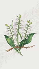 Illustration of white lily of the valley in watercolor painting with a white background highlighting the painting of the plant.