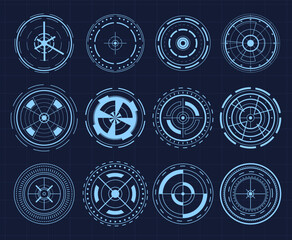 Sniper aim pointer. UI, HUD technology aiming, weapon military futuristic sights. 
Weapon targeting pointers, aiming mark and aims target sight marks or targets. 