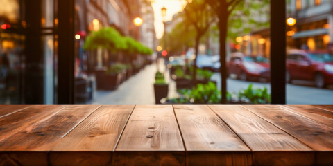 Urban Street View from Wooden Cafe Table at Sunset - obrazy, fototapety, plakaty