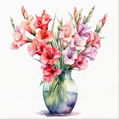 Gladiolus flowers in the glass vase watercolor illustration, pastel red, purple, pink gladioli flower bouquet 