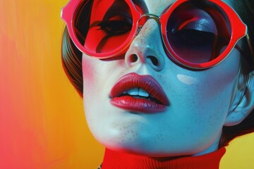 Vibrant Portrait of a Woman in Red Sunglasses and Turtleneck Against Bright Orange Background