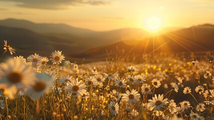 Sunset Over Daisy Meadow: A Serene Spring Landscape with Sun Flare and Rolling Hills