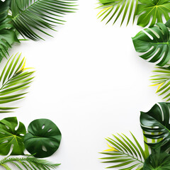 Fototapeta na wymiar green leaves isolated, tropical palm, monstera leaves, branches pattern frame on a white background. space for text. Top view, flat lay.
