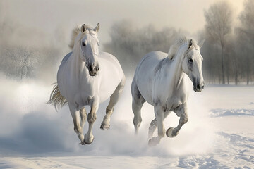 Two white horses galloping together on a snow-covered field on a background of a winter forest - obrazy, fototapety, plakaty