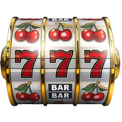 Slot machine with red sevens. Jackpot. Lucky seven 777. GOLD slot machine for casino games. Ai generated. Colorful PNG illustration.