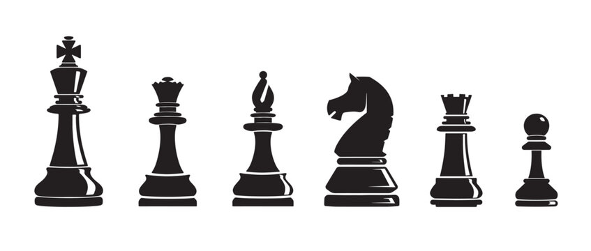 Set of chess vector icons. Black silhouette with chess. King, queen, pawn, horse and rook. 