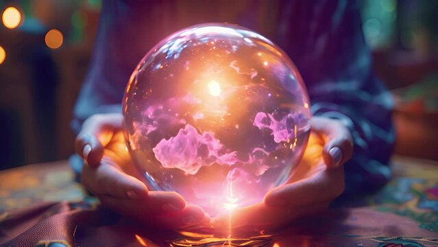 Magician or fortune teller with crystal ball looks into the future. Female fortune teller holding a magic crystal ball witch calling spirits to talk. Spiritual magic lights. Fortune teller 4k.