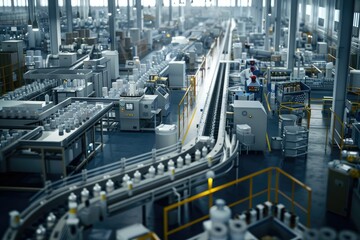 Fototapeta premium Factory Flow A vast factory floor filled with machinery and conveyor belts