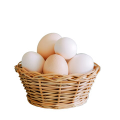 A close up of a basket of eggs on a Transparent Background