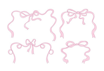 Cute coquette pink ribbon bow vector, soft girl bow clip art vector. Hand drawn pink ribbon bow line art
