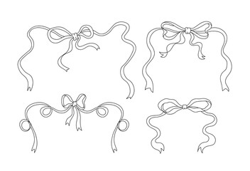 Cute coquette ribbon bow vector, soft girl bow clip art vector. Hand drawn pink ribbon bow line art
