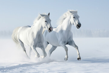 Obraz na płótnie Canvas Two white horses galloping together on a snow-covered field on a background of a winter forest