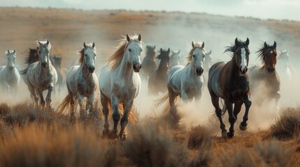 Obraz premium Group of horses running through a dusty field