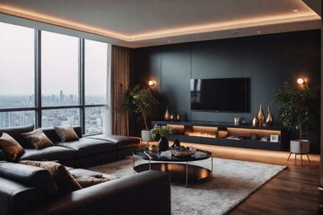Luxury living room in the apartment with city view.