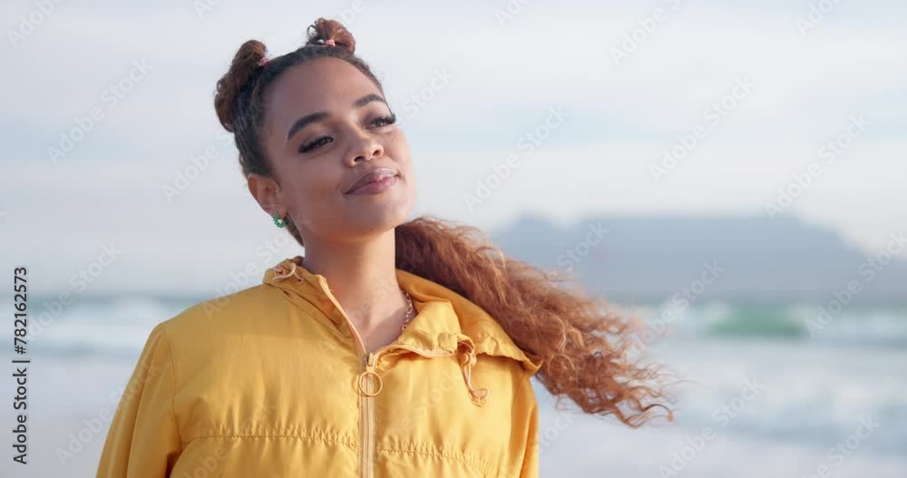 Sticker Woman, thinking and smile at beach on holiday, breeze and travel to Jamaica for summer vacation. Black female person, mindfulness and wind by ocean waves for peace, happy and weekend trip to island