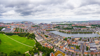 Copenhagen, Denmark. Nordhavnen area. Copenhagen lakes. Panorama of the city in summer. Cloudy weather. Aerial view