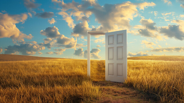 Closeup open white door on the yellow field