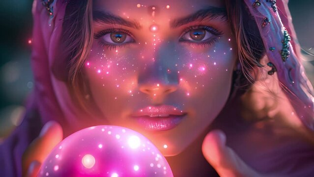 Magician or fortune teller with crystal ball looks into the future. Female fortune teller holding a magic crystal ball witch calling spirits to talk. Spiritual magic lights. Fortune teller 4k.