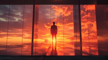 Rear view of a businessman silhouette standing at sunrise in front of skyscraper and viewing the city
