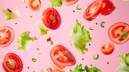 Ingredientes de salada. Tomate, alface, pepino. no fundo rosa