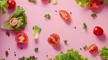 Ingredientes de salada. Tomate, alface, pepino. no fundo rosa