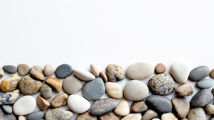 Fototapeta na wymiar Border of beach pebbles on a white background with room for text