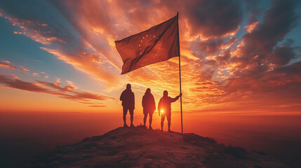 group of people holding a flag with pride against a beautiful sunset sky