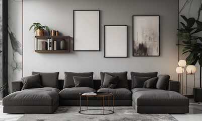 mock up poster frame in modern interior, living room, Luxurious apartment style, 3D render, 3D illustration