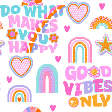 Abstract seamless groovy pattern with retro elements, words, quotes, sun, rainbow stickers. Funny texture background. Wallpaper cool teen style