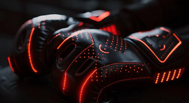 A pair of black boxing gloves with red glowing lights on the surface.