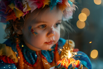 Little Girl Celebrating with Sparkler and Colorful Party Dress