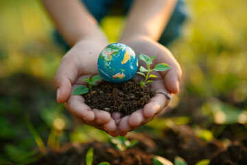 Nurturing the Planet: Hands Holding Earth and Sprout in Soil