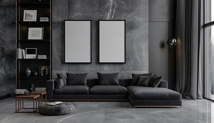 mock up poster frame in modern interior, living room, Luxurious apartment style, 3D render, 3D illustration