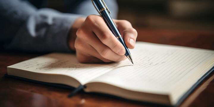 A  image of someone's hand writing in a notebook with a pen, capturing the act of jotting down ideas, notes, and sketches
