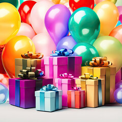 bright card with balloons and many boxes with ribbons. multi-colored gift boxes stand against the background of balloons filled with helium