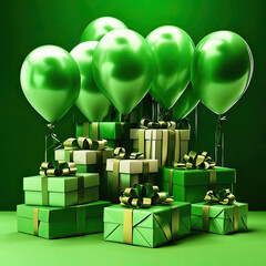 green card with balloons and many boxes with ribbons. green gift boxes stand against the background of green balloons filled with helium