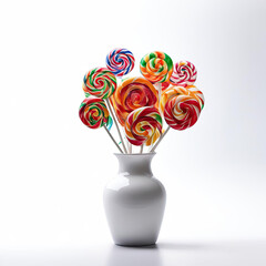 vase filled with colorful lollipops. The vase is on the table, and the candies are arranged in random order.