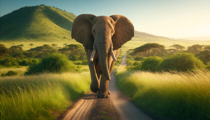 A majestic African elephant walking on a dirt road within a lush savannah. Tall grass lines the road - obrazy, fototapety, plakaty