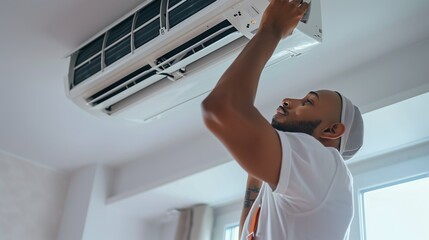 A man working on a ceiling air conditioner in home background