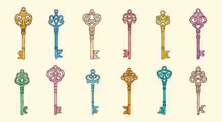 Key doodle set. House key doodle. Antigue keys sketch. Modern trendy doodles. House keys, home rental, secret door, safe, jewelry box, real estate. - obrazy, fototapety, plakaty
