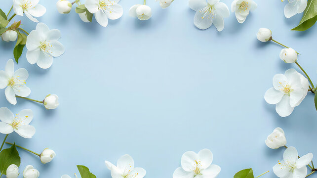 Border of white spring flowers on a light blue background with space for text
