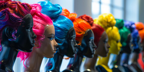 Vibrant Mannequin Heads Display with Colorful Wigs on Show